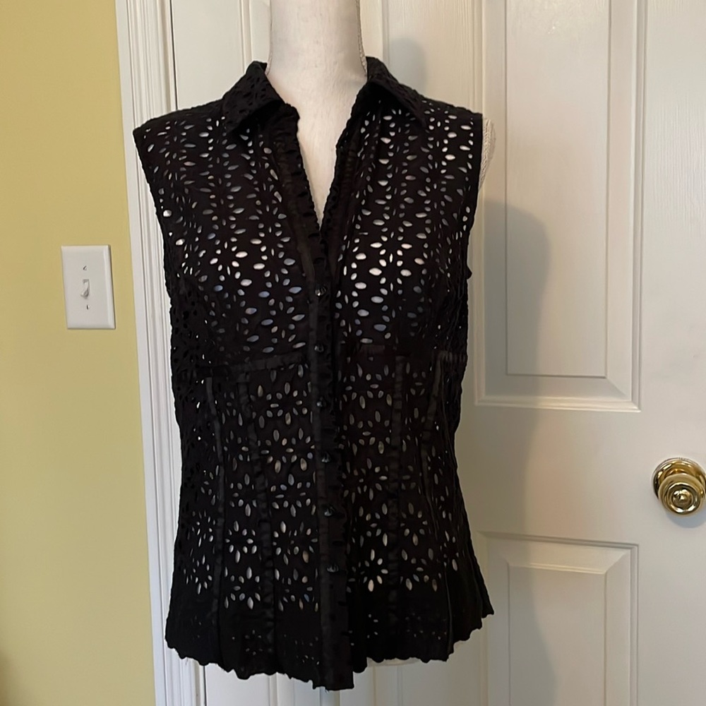 Caché Vintage Black Eyelet Form Fitting Top